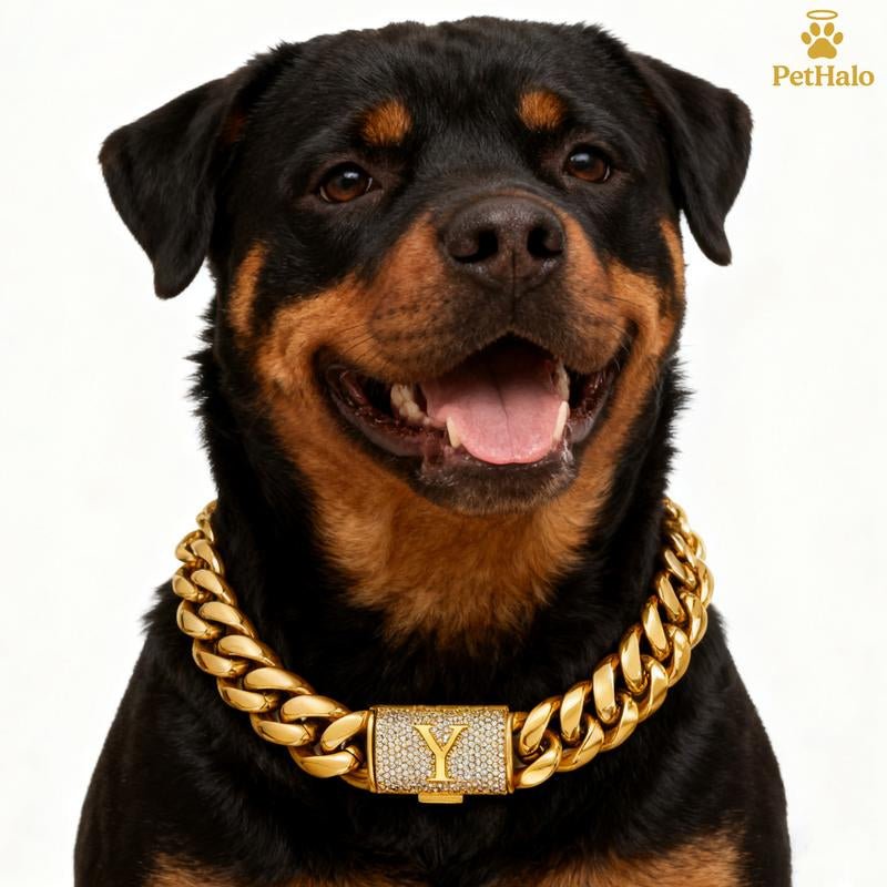 18K Gold Plated Cuban Chain Dog Collar with Custom Initial Pendant - GlowPupi