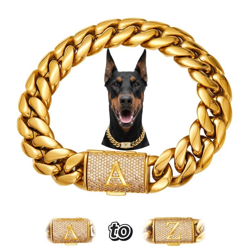 18K Gold Plated Cuban Chain Dog Collar with Custom Initial Pendant - GlowPupi