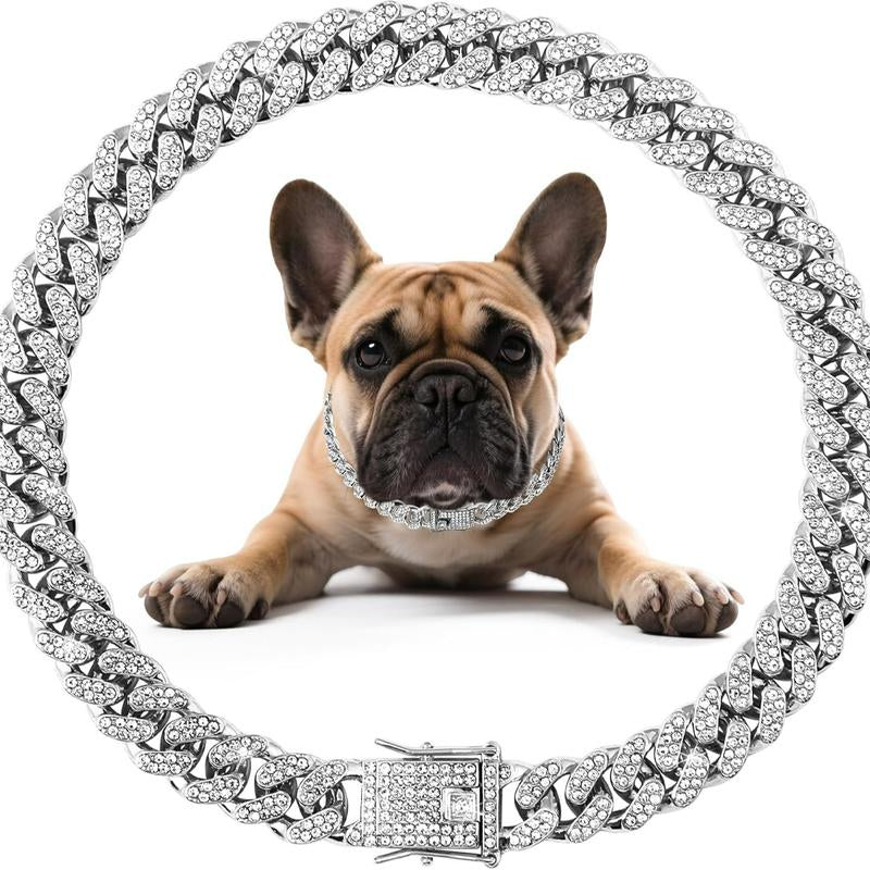 Cuban Style Diamond Dog Collar with Secure Buckle - Metal Chain Necklace for Small, Medium, and Large Dogs and Cats - GlowPupi
