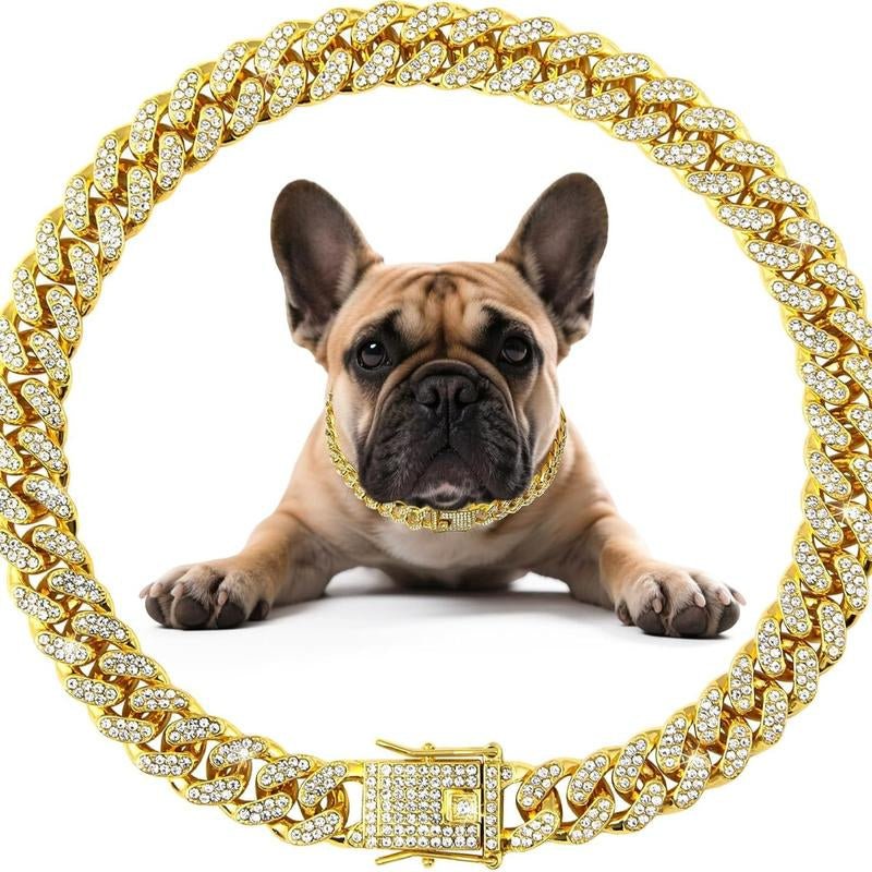 Cuban Style Diamond Dog Collar with Secure Buckle - Metal Chain Necklace for Small, Medium, and Large Dogs and Cats - GlowPupi