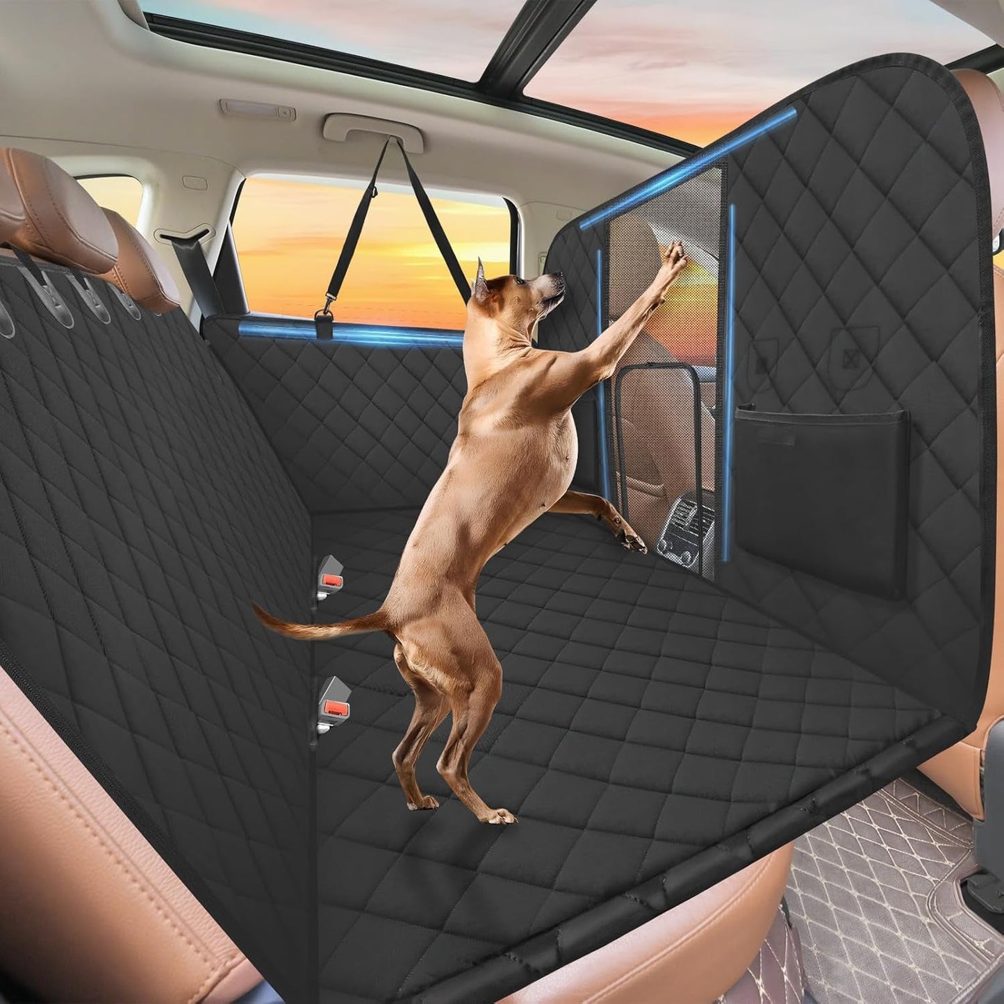 High Barrier Back Seat Extender for Dogs, Hard Bottom Dog Car Seat Cover for Back Seat Holds 420Lbs, Backseat Protector Pet Bed, Waterproof Dog Hammock for Car SUV and Trucks - GlowPupi