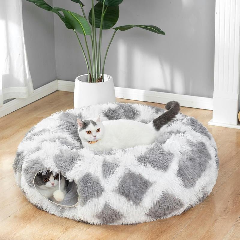 LUCKITTY Warm Fluffy Plush Cat Dog Tunnel Bed with Washable Cushion - Big Tube Playground Toys 3 FT Diameter Collapsible, for Indoor Cat Kitty Kitten Puppy Rabbit Ferret Leopard Print - GlowPupi
