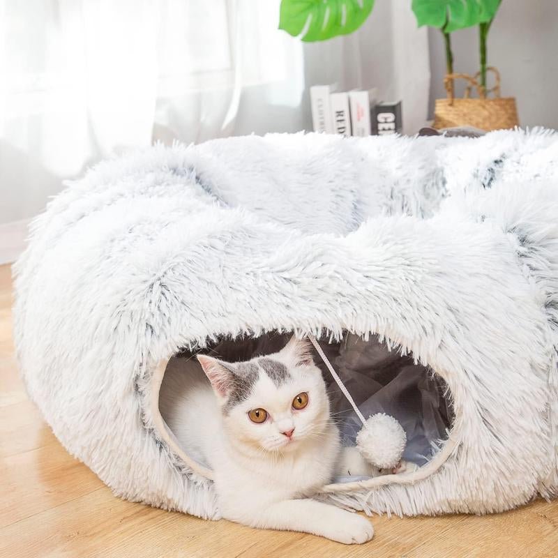 LUCKITTY Warm Fluffy Plush Cat Dog Tunnel Bed with Washable Cushion - Big Tube Playground Toys 3 FT Diameter Collapsible, for Indoor Cat Kitty Kitten Puppy Rabbit Ferret Leopard Print - GlowPupi