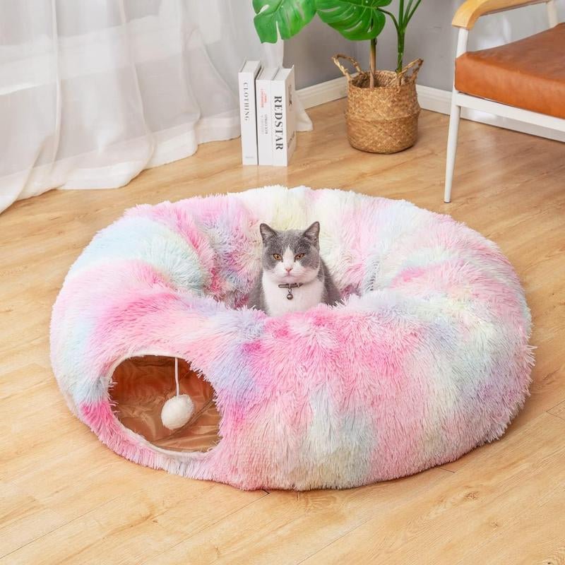 LUCKITTY Warm Fluffy Plush Cat Dog Tunnel Bed with Washable Cushion - Big Tube Playground Toys 3 FT Diameter Collapsible, for Indoor Cat Kitty Kitten Puppy Rabbit Ferret Leopard Print - GlowPupi