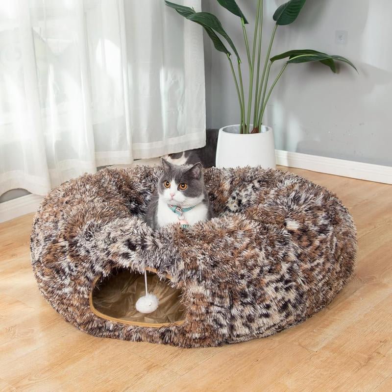 LUCKITTY Warm Fluffy Plush Cat Dog Tunnel Bed with Washable Cushion - Big Tube Playground Toys 3 FT Diameter Collapsible, for Indoor Cat Kitty Kitten Puppy Rabbit Ferret Leopard Print - GlowPupi