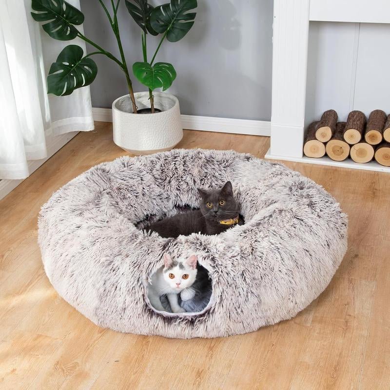 LUCKITTY Warm Fluffy Plush Cat Dog Tunnel Bed with Washable Cushion - Big Tube Playground Toys 3 FT Diameter Collapsible, for Indoor Cat Kitty Kitten Puppy Rabbit Ferret Leopard Print - GlowPupi