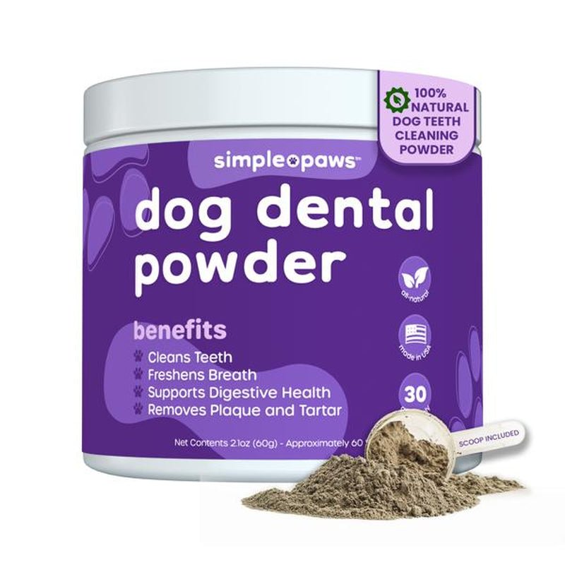 Simple Paws Dog Dental Powder - 100% Natural Teeth Cleaning - 2G Scoop Included - Freshens Breath - Removes Plaque & Tartar - GlowPupi