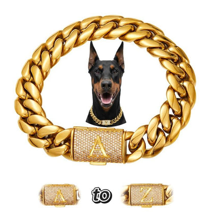 18K Gold Plated Cuban Chain Dog Collar with Custom Initial Pendant - GlowPupi