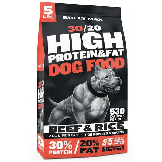 Bully Max 30/20 High Protein Beef Dog Food (5 Lbs.) — 30% Protein, 20% Fat, 300% More Protein than Fresh Beef, +10M CFU Probiotics - GlowPupi