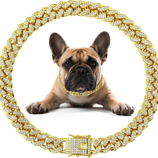 Cuban Style Diamond Dog Collar with Secure Buckle - Metal Chain Necklace for Small, Medium, and Large Dogs and Cats - GlowPupi